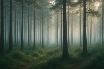 Fototapeta premium Misty forest scene with tall pine trees and soft light