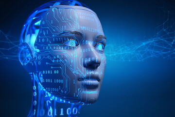 Futuristic humanoid robot head with glowing blue circuits