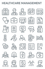 Fototapeta premium A comprehensive set of thin line icons representing healthcare management, medicine, and hospital services.