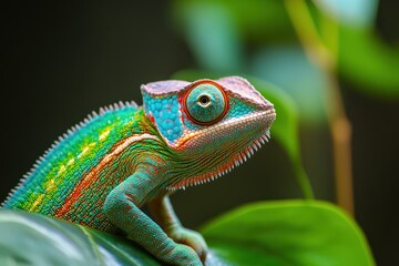 Obraz premium Colorful Chameleon Posing Against White Background