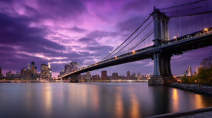 Obraz premium Purple Twilight Skyline With Illuminated Bridge and Cityscape