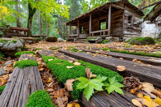Abandonado cobertizo de madera en medio de la campi&ntilde;a eslovena rodeado de naturaleza en oto&ntilde;o