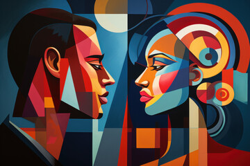 Cubist-style portrait of two people talking, deconstructed features and layered shapes in dynamic interaction