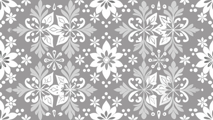 Fototapeta premium Modern simple geometric vector seamless pattern with white flowers, line texture on grey background. Light gray abstract floral wallpaper, bright tile ornament.