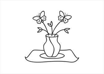 A delicate floral arrangement featuring a charming vase filled with colorful blooms presented on a textured napkin alongside a graceful butterfly isolated on white background