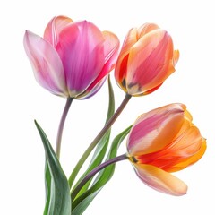 Fototapeta premium Three vibrant tulips in soft pinks and oranges, with green leaves, isolated against white