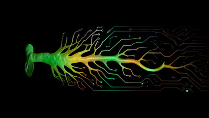 Ai generated image of a vibrant green plant merges with a complex circuit board, symbolizing the integration of nature and technology on a sleek black background