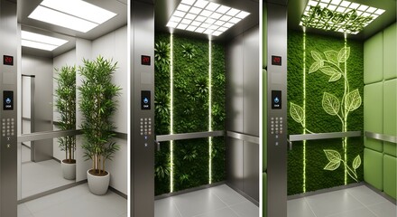 Three modern elevator interiors showcasing biophilic design with plants, a living moss wall, and leaf patterns.