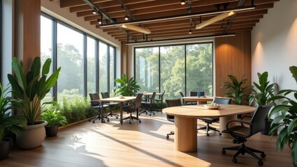 Modern open-plan workspace with natural light and greenery.