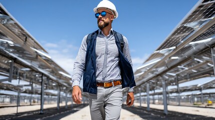 A confident engineer inspects a solar panel installation, showcasing innovation and sustainability in renewable energy.