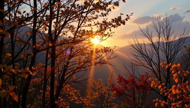 golden hour view of sunbeams breaking through branches with orange and red foliage glowing in soft haze
