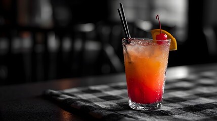 Vibrant cocktail on a checkered restaurant table