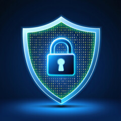 Digital shield with glowing lock represents cybersecurity and data protection