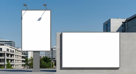 Fototapeta premium Two Blank Billboards Mockup on a Concrete Wall in a Modern Cityscape