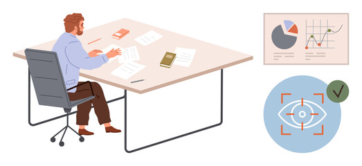 Office worker analyzing documents at desk, accompanied by a data chart and eye tracking symbol. Ideal for analytics, productivity, business strategies, decision-making, research, workplace
