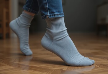 A person wearing simple grey ribbed crew socks