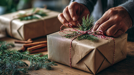 Rustic Christmas Gift Wrapping with Kraft Paper and Natural Pine Accents for a Warm Holiday Presenting Tradition