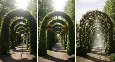 Three sequential images of a garden pathway with arching hedges, showcasing changing light and foliage.