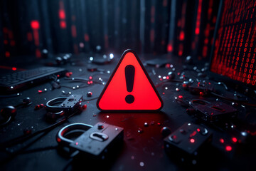 Cybersecurity warning with broken locks and digital glitch effect