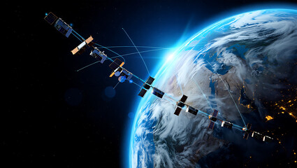 Ai generated image of a network of satellites orbits the earth, providing global communication and data transmission capabilities in the vast expanse of space