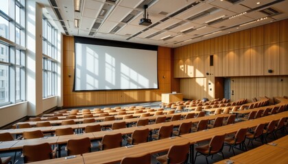 modern lecture theatre filled with natural daylight featuring wooden desks large presentation screen and quiet academic atmosphere