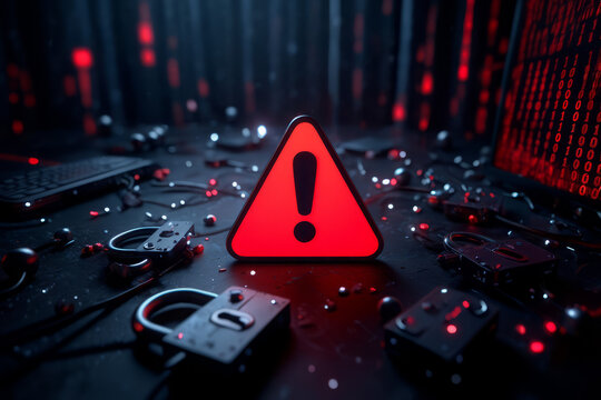 Cybersecurity warning with broken locks and digital glitch effect - Powered by Adobe