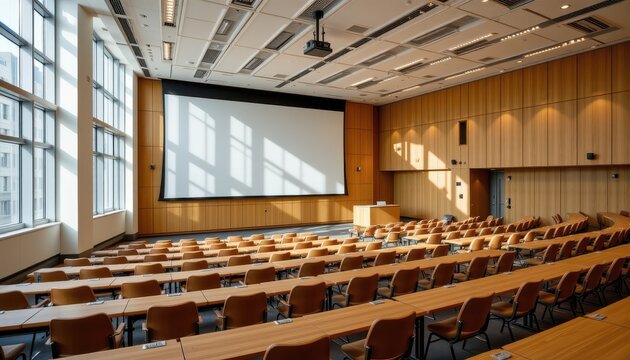 modern lecture theatre filled with natural daylight featuring wooden desks large presentation screen and quiet academic atmosphere