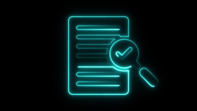 Glowing neon magnifying glass icon focus on document animation isolated on black background