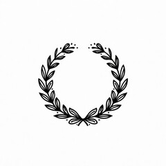 Simple black wreath graphic.  A symmetrical, round wreath design, composed of stylized leaves and small details, creates a decorative frame