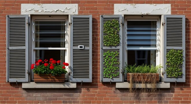 Two windows with open shutters on a brick wall, one with a box of red flowers and the other with green plants.