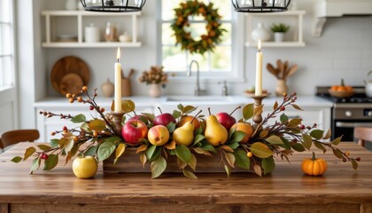 rustic kitchen island with autumn centerpiece featuring apples pears leafy branches and beeswax candles for seasonal home decor