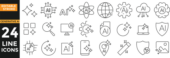Set of generated AI icons. Artificial intelligence icon set. Pixel perfect. Containing AI, deep learning, machine learning. Artificial intelligence element for apps and web. Vector illustration. Edita