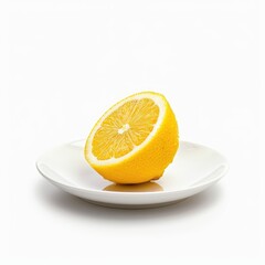 A half lemon rests on a small, white plate, against a plain white background.  The lemon's bright yellow flesh is contrasted by the white plate and background.  Its  sections are clearly visible