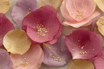 Delicate pink and gold flower petals with sparkling details for luxury beauty design.