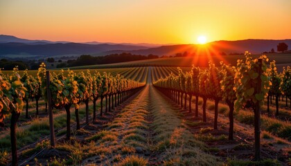 Fototapeta premium vineyard sunset with long rows of vines glowing orange and soft shadows stretching across the land