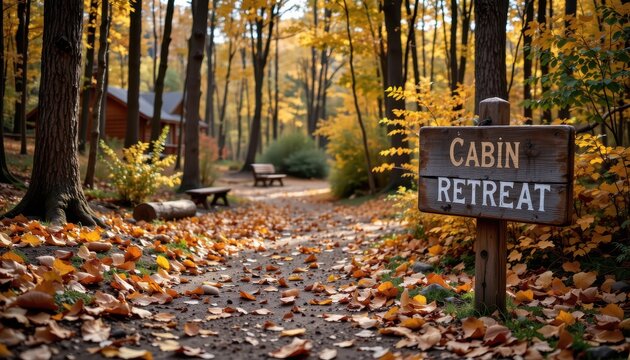 cabin retreat sign along a dirt path covered in fallen leaves leading into a peaceful wooded area