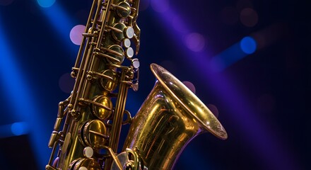 Obraz premium A gleaming alto saxophone rests under vibrant stage lights, ready for a performance.