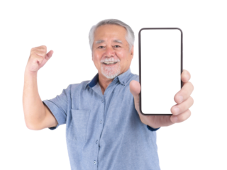 Happy senior Asian man showing blank screen smartphone and flexing arm muscle, smiling confidently. Elderly male using mobile technology isolated on a transparent background for mockup app promotion