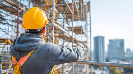 Construction worker supervises a scaffolding site, ensuring safety and efficiency during a building project.