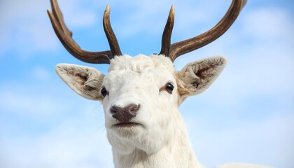 Fototapeta premium A Majestic Albino Deer Portrait Against a Serene Blue Sky Background in Winter Season
