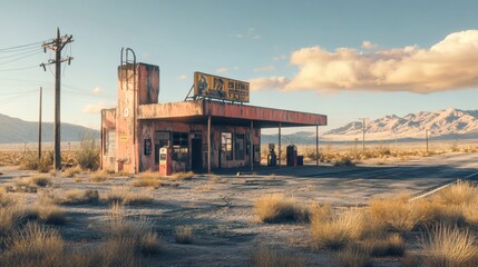Deserted gas station in a barren landscape under a dramatic sky.