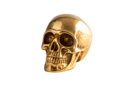 Golden human skull with detailed anatomical features and metallic shine finish, isolated on a transparent background