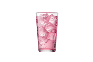 Pink carbonated beverage in clear glass with ice cubes and condensation water droplets, isolated on a transparent background