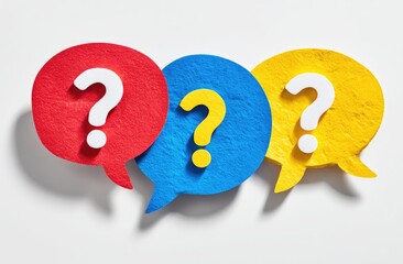 Three colorful speech bubbles, each containing a white question mark, arranged horizontally against a white background