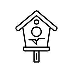 Simple black line icon of a birdhouse on a pole, ideal for bird, nature, or garden-related eco-friendly designs.
