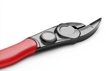 Close-up view of specialized metal snips with a red handle.