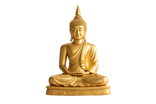 Golden Buddha figurine in traditional meditation stance with elaborate garment details and serene spiritual appearance, isolated on a transparent background