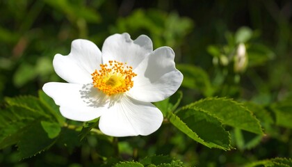 Obraz premium Elegant white dog rose flower in full bloom with vibrant yellow center detail
