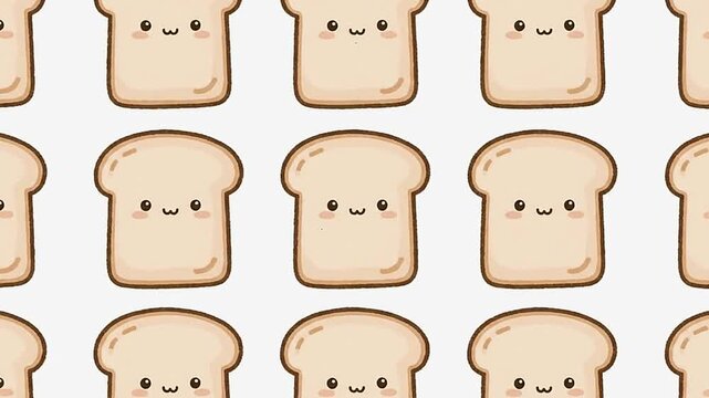 Pattern of cute toast slices with simple faces on a white background