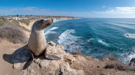 Obraz premium Seal Observing from Cliff Edge Panoramic Ocean View